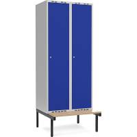 Garderobeskab 2x400mm m/lige tag, blå dør med cylinderlås og siddebænk