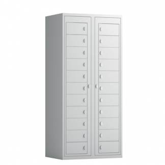 T&oslash;judleveringsskab 2x11 rum med lige tag og lys gr&aring; d&oslash;re med greb f/h&aelig;ngel&aring;s