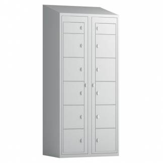 T&oslash;judleveringsskab 2x6 rum med skr&aring;t tag og lys gr&aring; d&oslash;re med greb f/h&aelig;ngel&aring;s