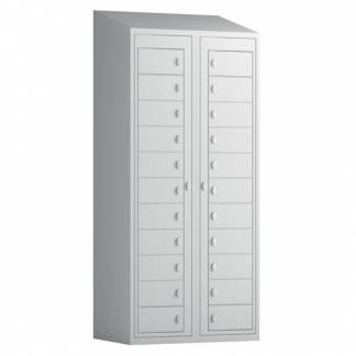 T&oslash;judleveringsskab 2x11 rum med skr&aring;t tag og lys gr&aring; d&oslash;re med greb f/h&aelig;ngel&aring;s