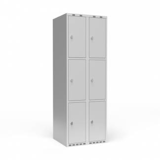 Garderobeskab 2x300 mm m/lige tag, 3 rum i h&oslash;jden og lys gr&aring; d&oslash;r m/greb for h&aelig;ngel&aring;s