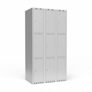 Garderobeskab 3x300 mm m/lige tag, 3 rum i h&oslash;jden og lys gr&aring; d&oslash;r m/cylinderl&aring;s