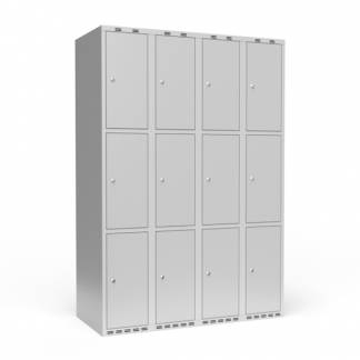Garderobeskab 4x300 mm m/lige tag, 3 rum i h&oslash;jden og lys gr&aring; d&oslash;r m/cylinderl&aring;s