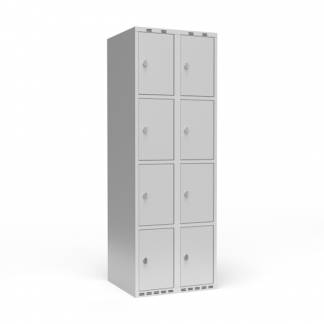 Garderobeskab 2x300 mm m/lige tag, 4 rum i h&oslash;jden og lys gr&aring; d&oslash;r m/greb for h&aelig;ngel&aring;s