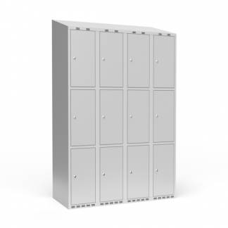 Garderobeskab 4x300 mm m/skr&aring;t tag, 3 rum i h&oslash;jden og lys gr&aring; d&oslash;r m/cylinderl&aring;s