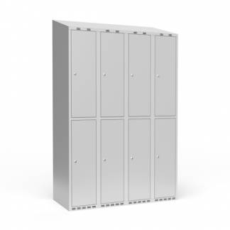 Garderobeskab 4x300 mm m/skr&aring;t tag, 2 rum i h&oslash;jden og lys gr&aring; d&oslash;r m/cylinderl&aring;s