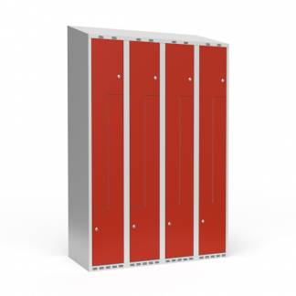 Garderobeskab 4x300 mm Skr&aring;t tag 2-delt s&oslash;jle Z-d&oslash;r R&oslash;d d&oslash;r Cylinderl&aring;s