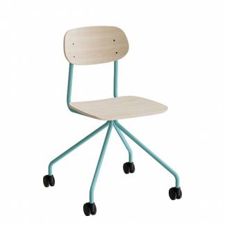Stol Atlas 2112 p&aring; hjul, hvidpigmenteret egelaminat, turkis stel