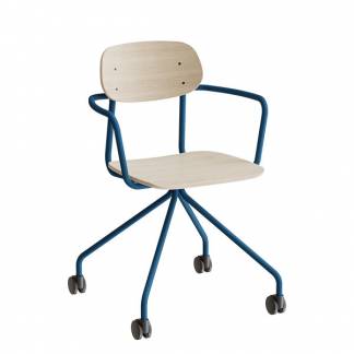 Stol Atlas 2112 p&aring; hjul, hvidpigmenteret egelaminat, bl&aring;t stel