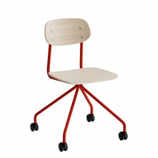 Stol Atlas 2112 p&aring; hjul, hvidpigmenteret egelaminat, r&oslash;dt stel