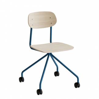 Stol Atlas 2112 p&aring; hjul, hvidpigmenteret egelaminat, bl&aring;t stel