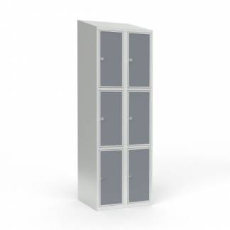 Skoleskab 2x300 Skr&aring;t tag 3 rum i h&oslash;jden Lys gr&aring; laminatd&oslash;r Greb for h&aelig;ngel&aring;s