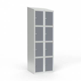 Skoleskab 2x300 Skr&aring;t tag 4 rum i h&oslash;jden Lys gr&aring; laminatd&oslash;r Greb for h&aelig;ngel&aring;s