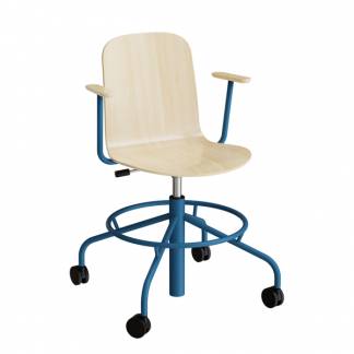 Stol ADD 5903, Fodkryds, hjul og arml&aelig;n, Hvidpigmenteret eg laminat, Bl&aring;t stel