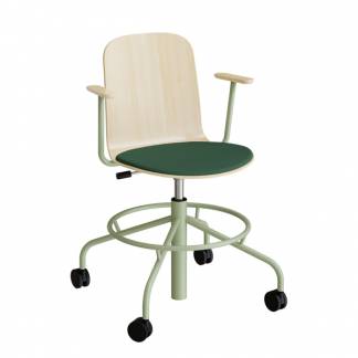 Stol ADD 5903, Fodkryds, hjul og arml&aelig;n, Hvidpigmenteret eg laminat, S&aelig;de gr&oslash;nt tekstil, Gr&oslash;nt stel