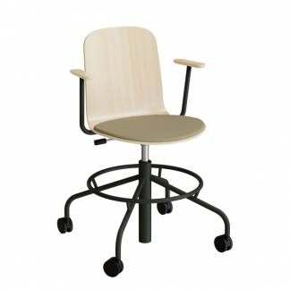 Stol ADD 5903, Fodkryds, hjul og arml&aelig;n, Hvidpigmenteret eg laminat, S&aelig;de m&oslash;rkegr&oslash;nt tekstil, Sortoliven stel