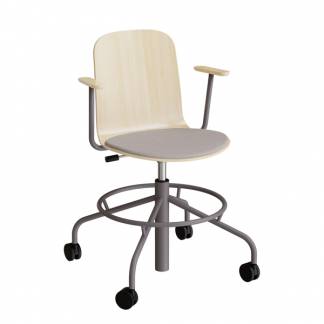 Stol ADD 5903, Fodkryds, hjul og armlæn, Hvidpigmenteret eg laminat, Sæde med gråt tekstil, Gråt stel