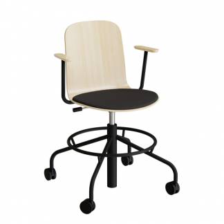 Stol ADD 5903, Fodkryds, hjul og armlæn, Birk laminat, Sæde sort tekstil, Sort stel