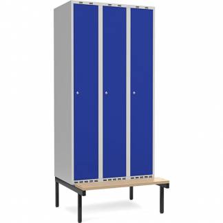 Garderobeskab 3x300mm m/lige tag, bl&aring; d&oslash;r med cylinderl&aring;s og siddeb&aelig;nk