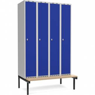 Garderobeskab 4x300mm m/lige tag, bl&aring; d&oslash;r med greb for h&aelig;ngel&aring;s og siddeb&aelig;nk